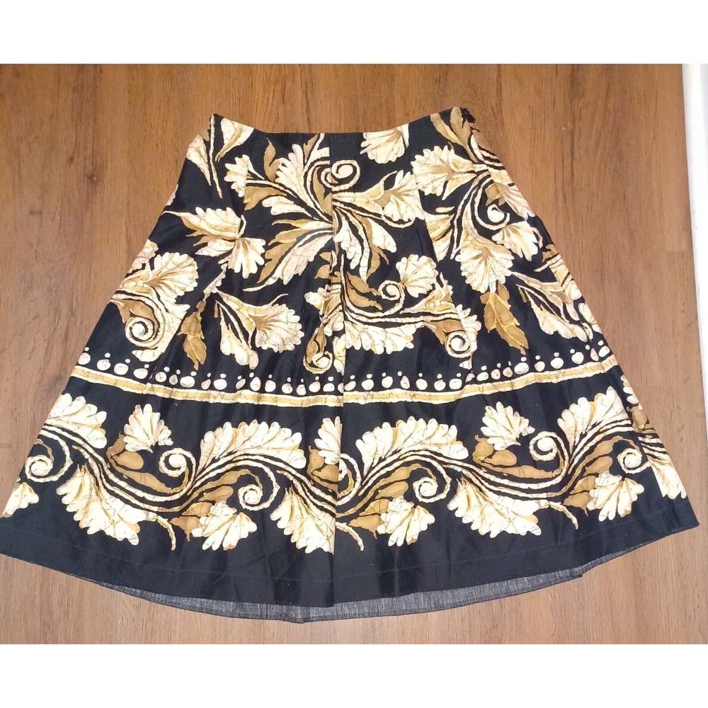 Talbots Collection Petites Black Gold Leaf‎ Print A-Line Skirt Size 10P